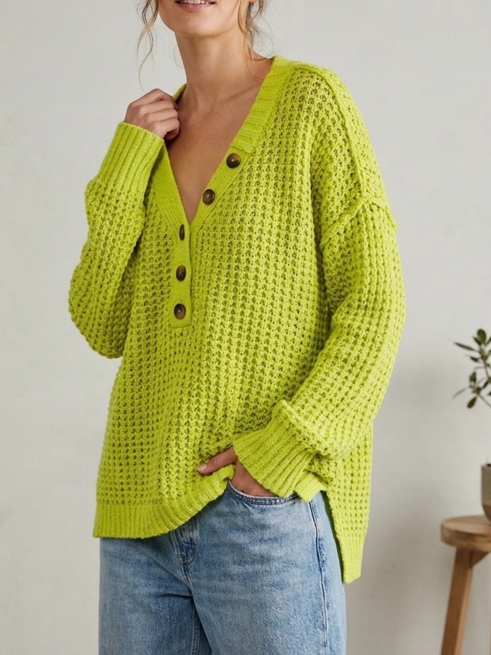 Free People Whistle Thermal Henley Sweater Acid Lime M Oversized Boho Slouchy
